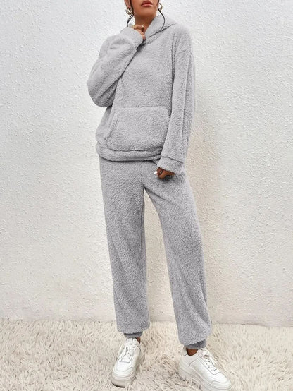 Supermjuk vit teddy lounge set för dam – Hoodie & byxa i fleece