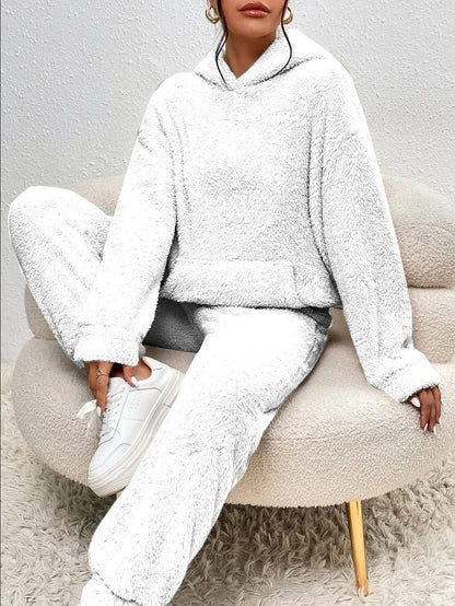 Supermjuk vit teddy lounge set för dam – Hoodie & byxa i fleece