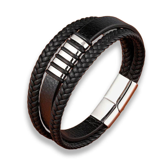 Elegant flätat läderarmband för män – Rostfritt stål, magnetiskt spänne