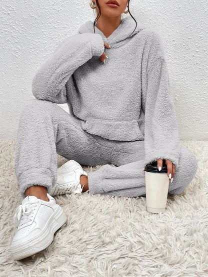 Supermjuk vit teddy lounge set för dam – Hoodie & byxa i fleece