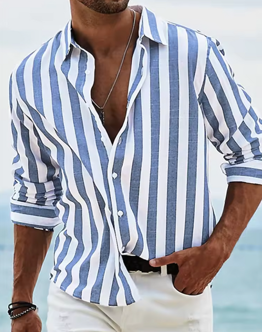 Riviera Stripe Randig Herrskjorta – Långärmad Sommarblus i Linnekänsla | XS–XXXL