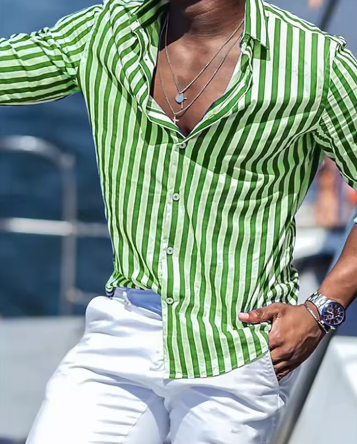 Riviera Stripe Randig Herrskjorta – Långärmad Sommarblus i Linnekänsla | XS–XXXL
