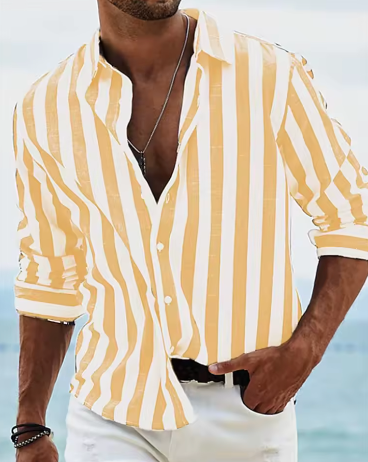 Riviera Stripe Randig Herrskjorta – Långärmad Sommarblus i Linnekänsla | XS–XXXL