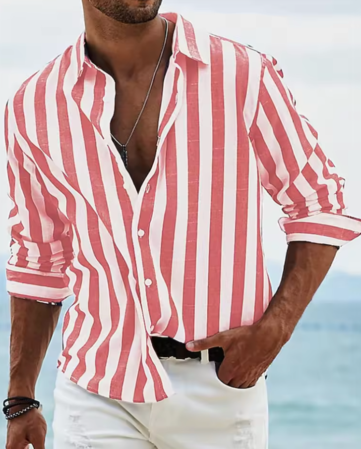 Riviera Stripe Randig Herrskjorta – Långärmad Sommarblus i Linnekänsla | XS–XXXL
