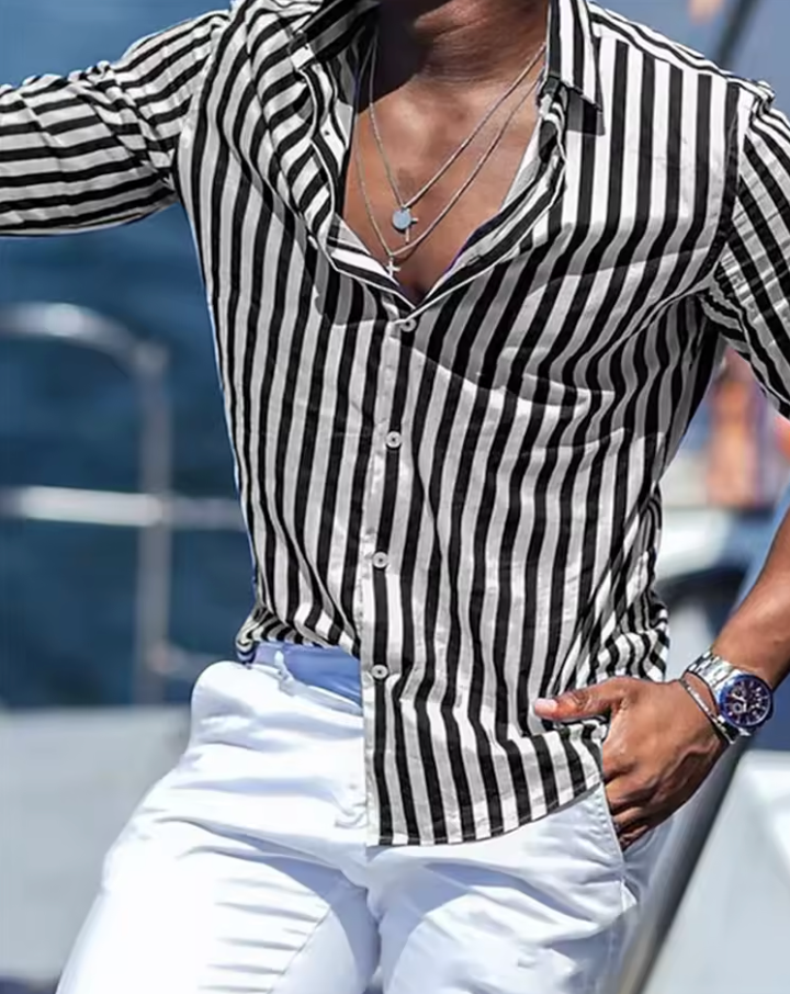 Riviera Stripe Randig Herrskjorta – Långärmad Sommarblus i Linnekänsla | XS–XXXL