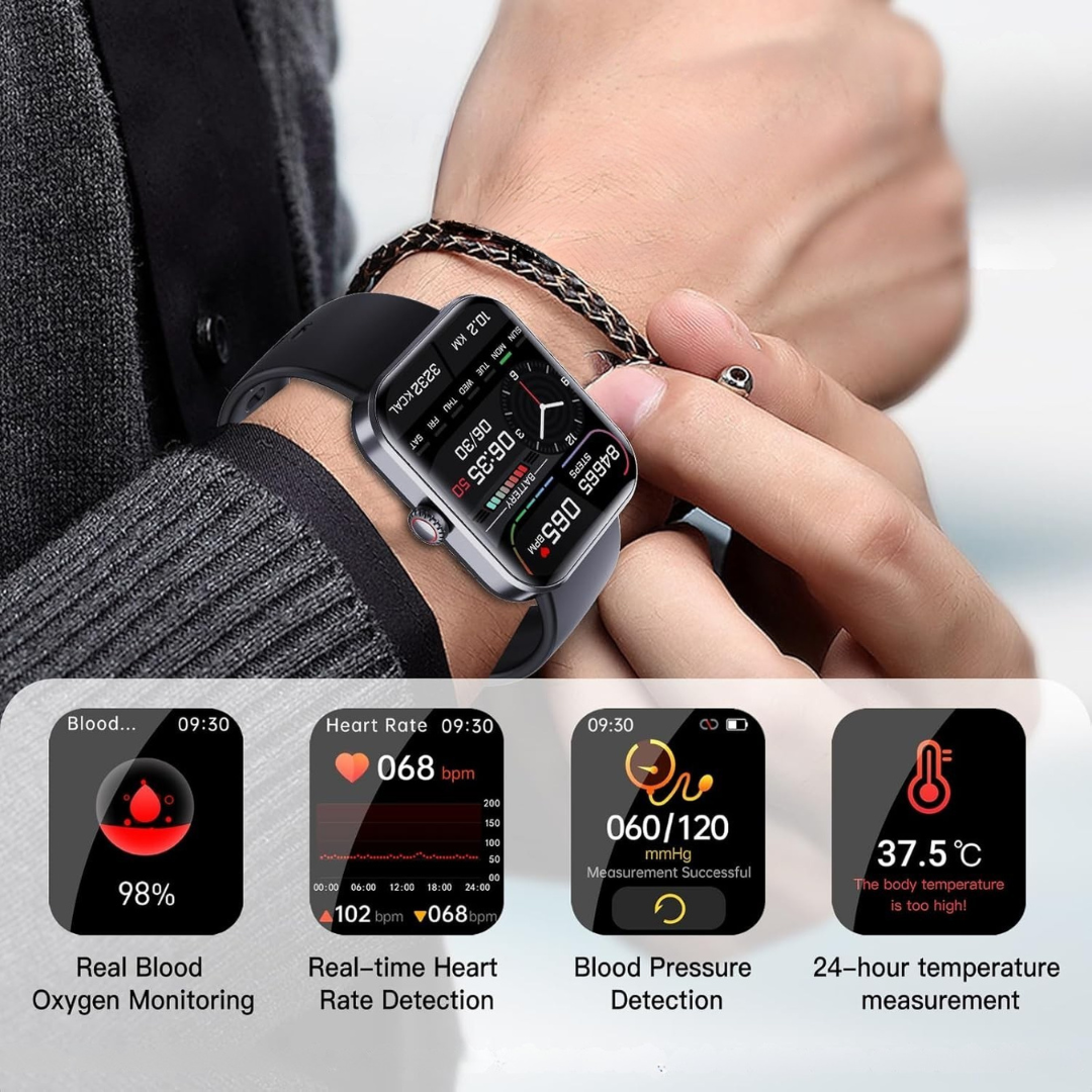 Smartwatch med Icke-Invasiv Blodsockermätning – Hälsospårning, Pulsmätare, GPS & IP67 Vattentålig
