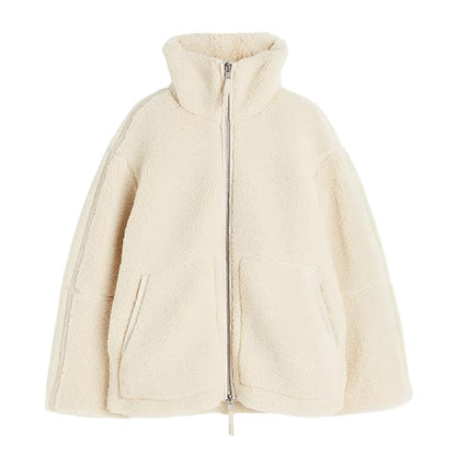 Oversized teddyjacka med dragkedja – Varm och trendig fleece i crèmevit nyans
