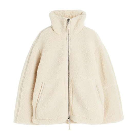 Oversized teddyjacka med dragkedja – Varm och trendig fleece i crèmevit nyans