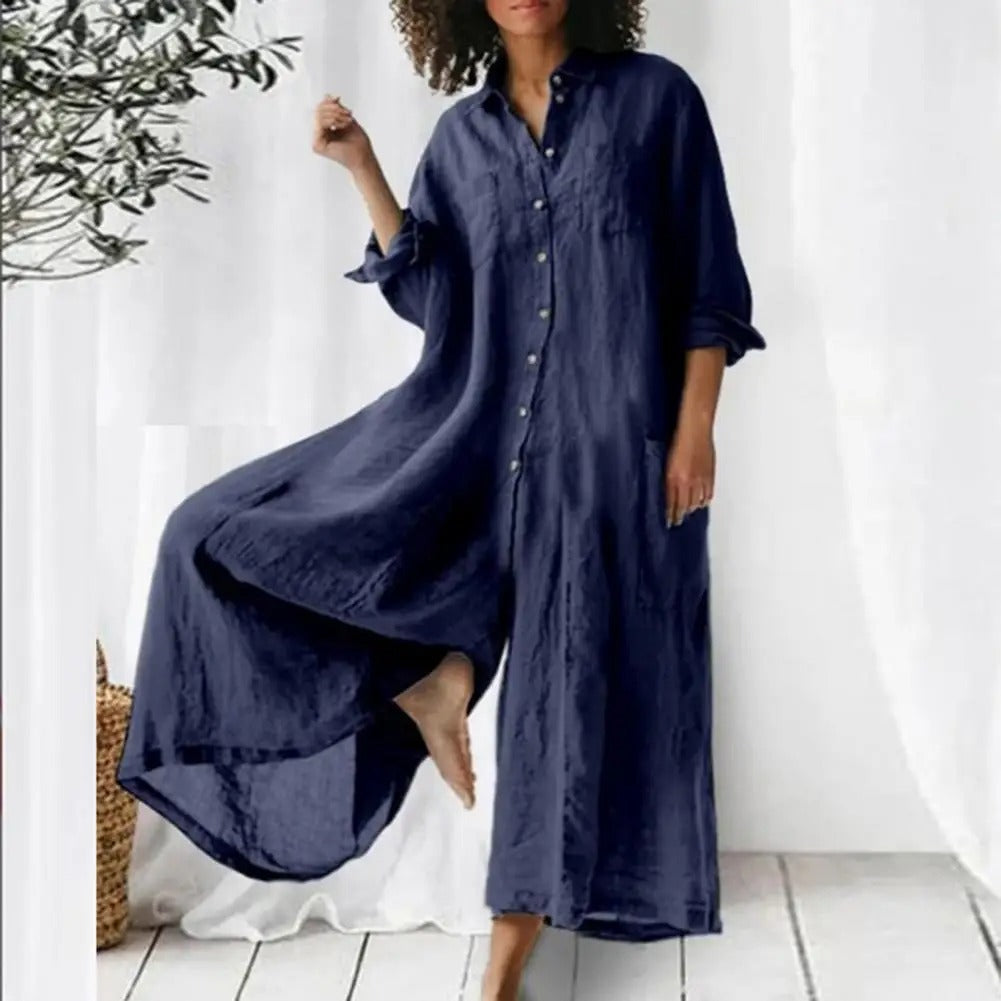 Grön oversized lång skjortklänning i linne – luftigt plagg för sommar och semester