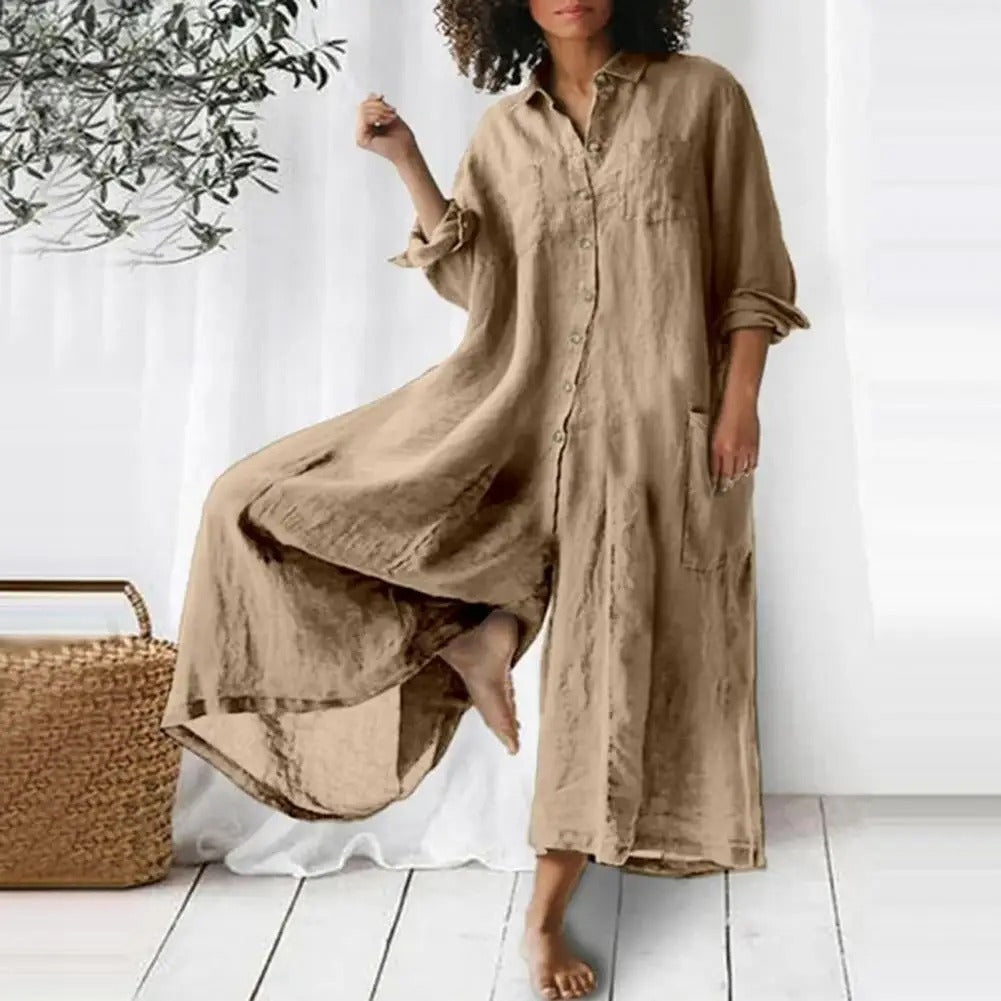 Grön oversized lång skjortklänning i linne – luftigt plagg för sommar och semester