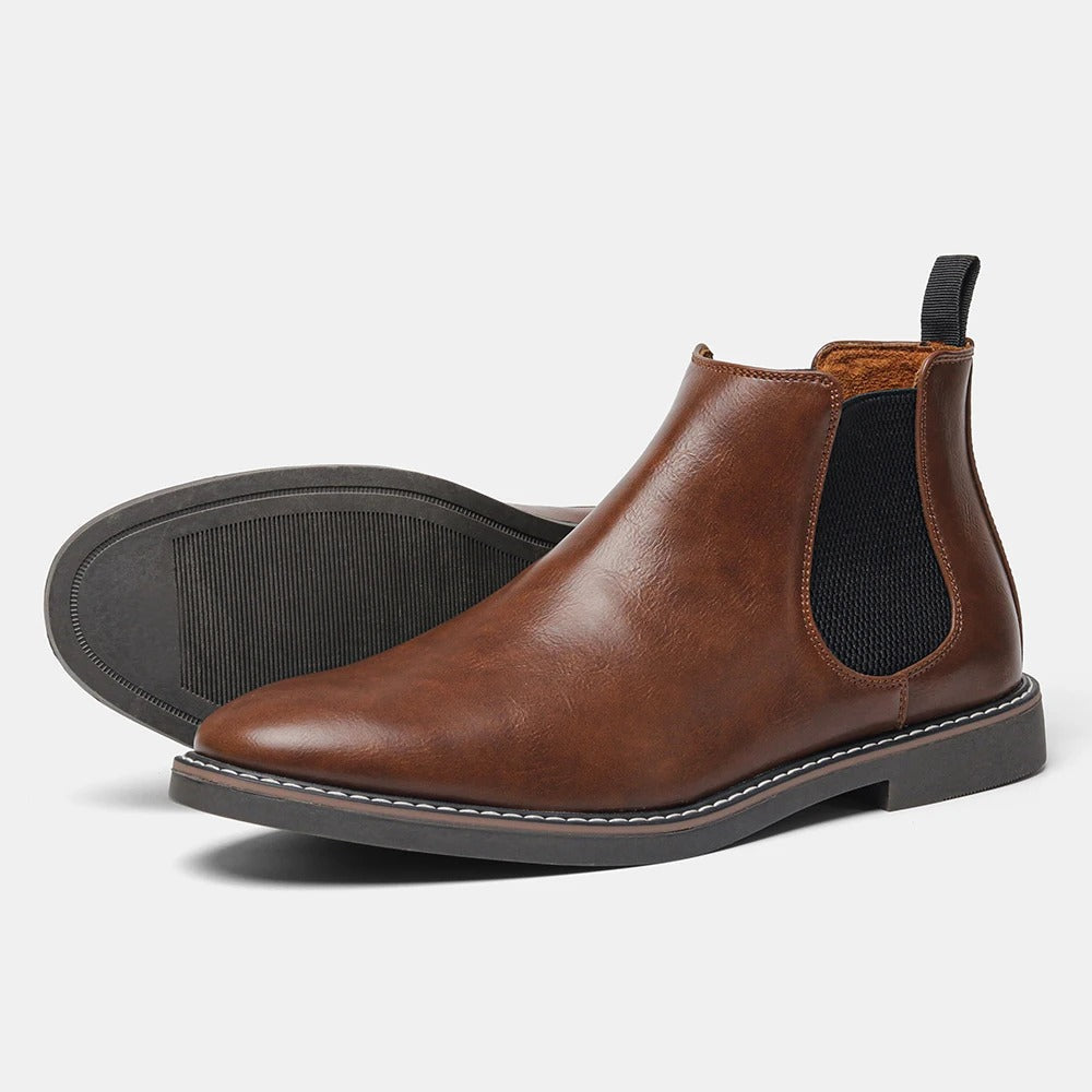 Herr Chelsea boots i brunt konstläder – klassiska elastiska ankelkängor för alla säsonger